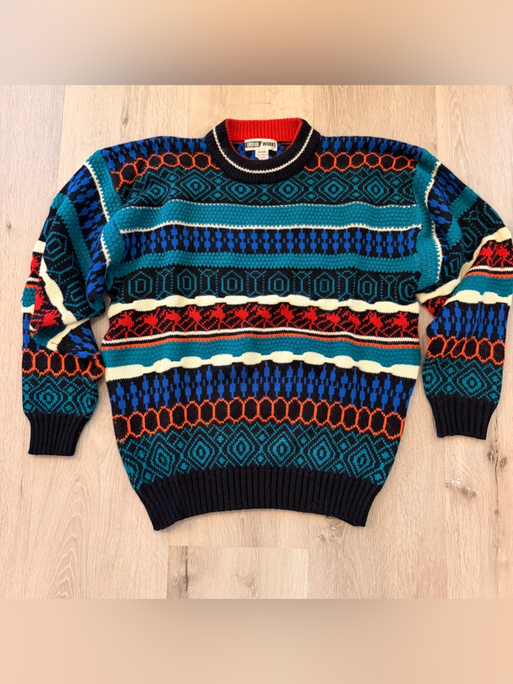 🔥  90s Urban Works Colorful 3D Knit Crewneck Sweater Vintage